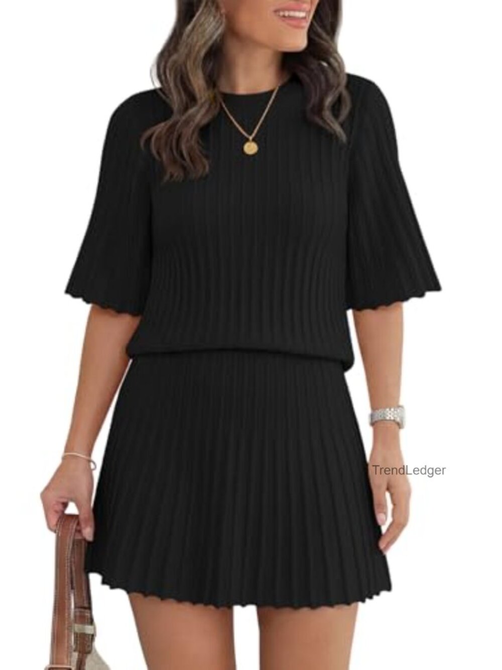 2 Piece Skirt Set Women Ribbed Knit Half Sleeve Top Pleated Mini Skirt Lounge